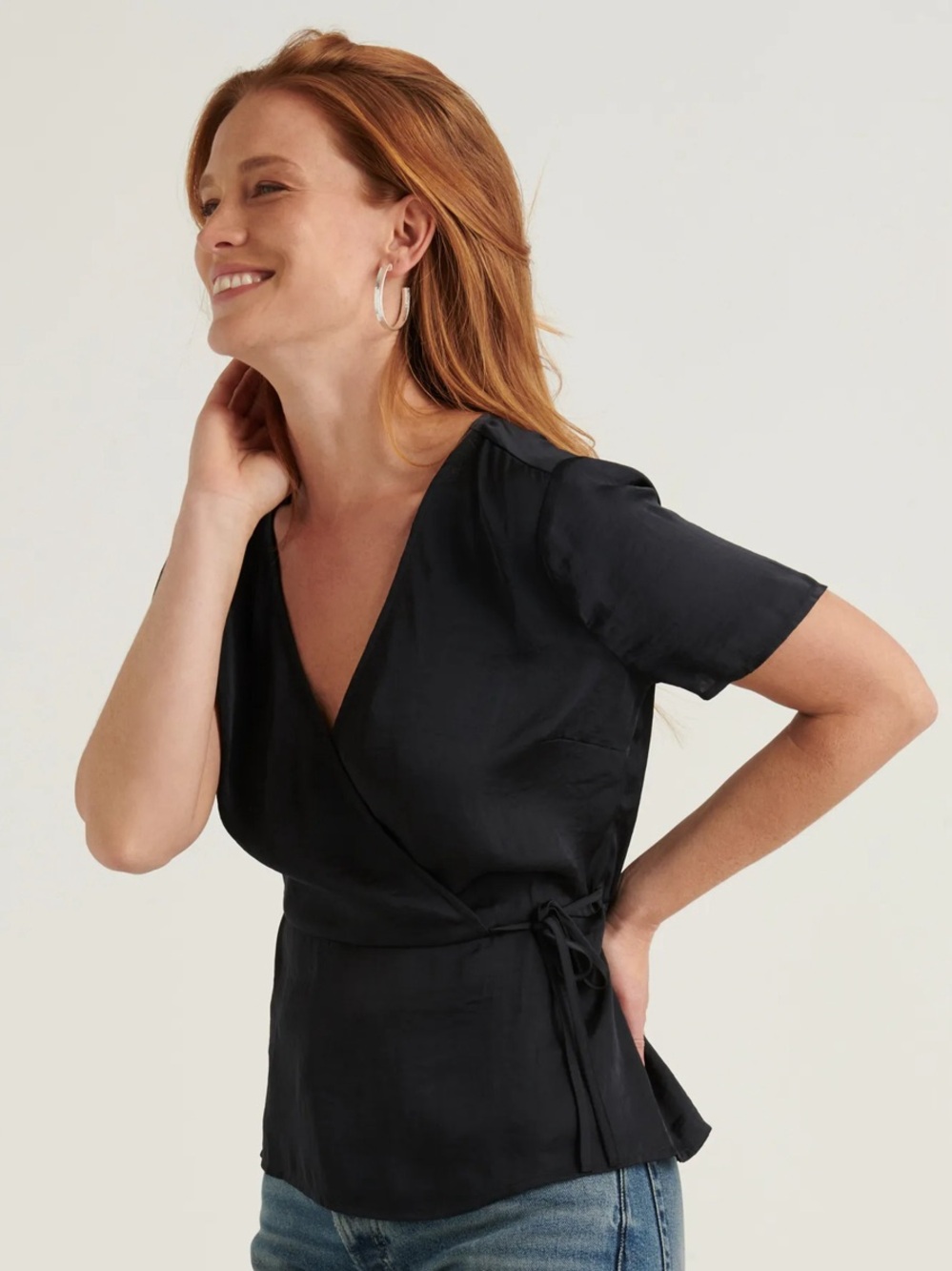 Lucky Brand Billie Wrap Top Satin Black Blouse Women’s Size Medium